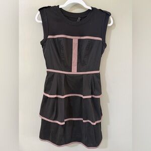 BCBGMAXAZRIA Yasmina Combo Sheath Dress Black w/Taupe Trim Ruffles Size 4